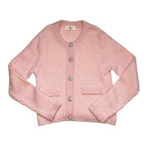 H&M Girl's Textured Knit Cardigan Pink Rhinestone Buttons Size 12-14